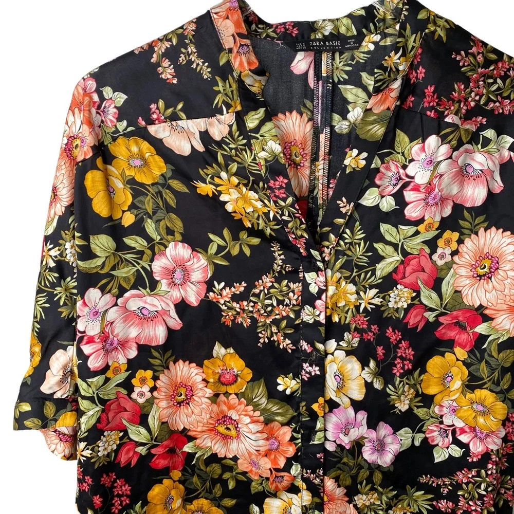 Zara Basic Collection Floral Oriental Silky Button Down Popover Blouse Small - Picture 4 of 8